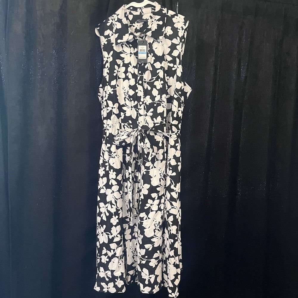 Tommy Hilfiger Sleeveless Shirt Dress Belted Black White Floral Boho Size 20W